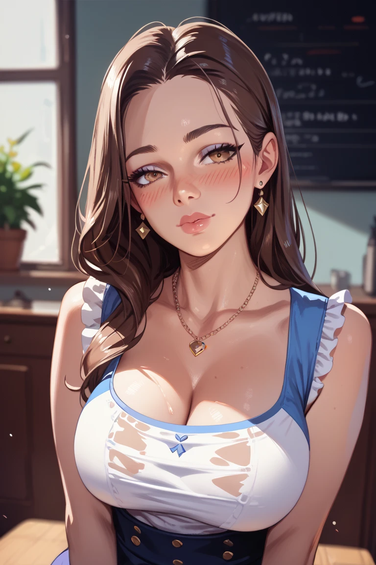 1 woman, long hair,  brown hair ,  big breasts, blush,vestido coreano sin mangas