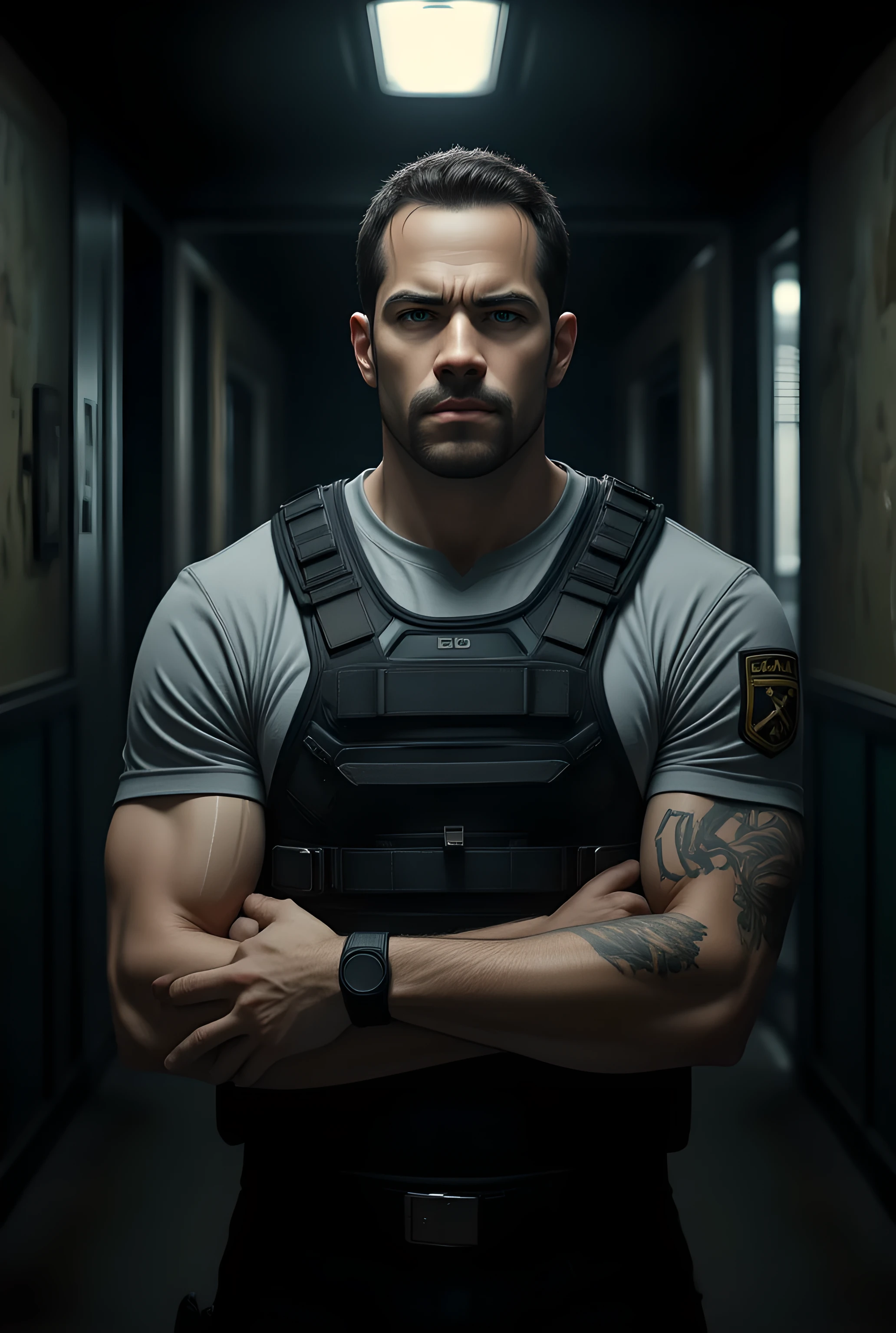 1man, solo | (35-year-old, ruggedly fit and muscular), featuring (defined biceps, toned abs, and a powerful chest) | dressed in a grey T-shirt with (black accents and a clearly visible BSAA logo on the shoulder) | layered tactical outfit with reinforced details such as (chest rigs, utility straps, and shoulder guards) | his smirk adds a confident and mysterious aura | upper body shot | set in a (dark, narrow, abandoned hallway), surrounded by faint light sources and deep shadows | cinematic style, hyper-realistic textures, subtle light reflections on his suit | moody, high-contrast composition | best quality, masterpiece, high resolution:1.2.”