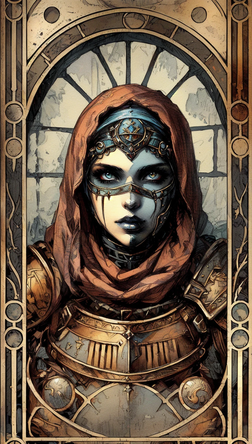 a painting of a woman in a medieval costume with a headscarf and armor, fantasy rpg symmetrical portrait, steel inquisitor from mistborn, portrait of lady mechanika, portrait knight female, portrait of a female necromancer, portrait of female paladin, baldur's gate character portrait, portrait of a woman warrior, dwarven woman, medieval female warrior