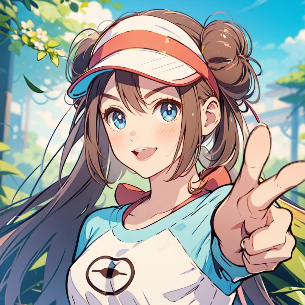 perfect eyes:1.2, detailed eyes:1.4, smile, smirk, portrait, finger_gun,pointing at viewers, face focus, lips, ro1, hair bun, blue eyes, twintails, visor cap, pantyhose, raglan sleeves, yellow shorts, shirt, pink bow, 1girl, solo, (masterpiece:1.6, best quality), 8k, insane details, intricate details, hyperdetailed, hyper quality, high detail, ultra detailed, professional, HDR, ray tracing reflection, cinematic lighting,