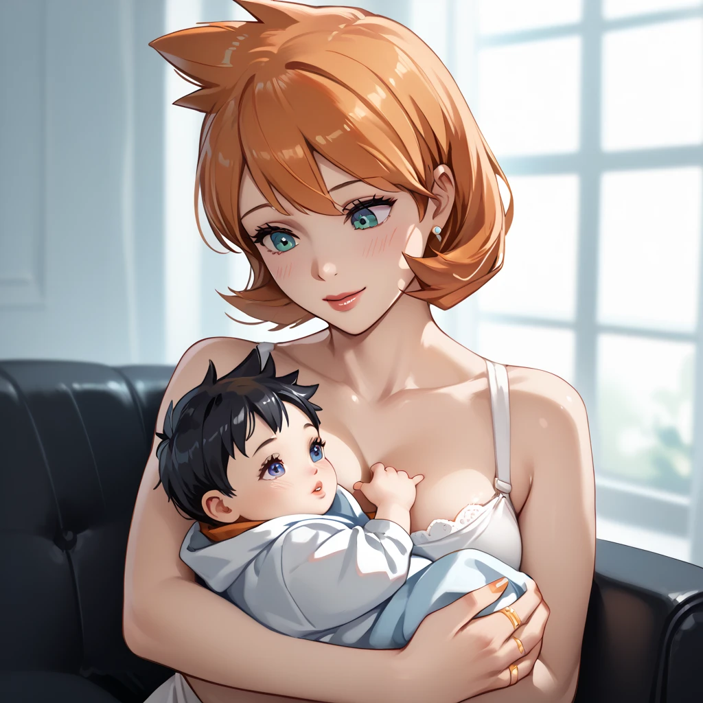 highly detailed, (duo focus), highres, 1woman, 1baby, BREAK, 1woman, Misty_G2, orange hair, gold wedding ring, ring on finger, holding baby, BREAK, 1baby, black hair, baby black hair, mother with baby, baby carry, swaddled,