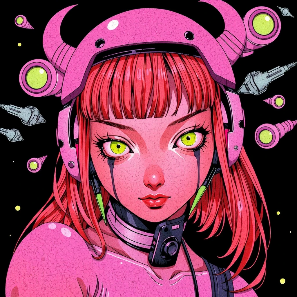 ((best quality)), ((masterpiece)), (detailed), perfect face of cyberpunk mecha japanese girl, neon body, neon hair, big neon lime green eyes, ((monochromatic neon pink, orange and lime green color palette)), surreal, art nouveau, in the illustrative style of moebius, spaceships, aliens, fantasy, sci-fi, graphic novel, line drawing, french retro, bizarre, gallery worthy, work of uncanny art, splashes of neon lime green, ulzzang, &quot;James Jean Simple&quot; Psychedelic Art，Chasing in space , devilish ;James Jean Simple&quot; Psychedelic Art，helmet 