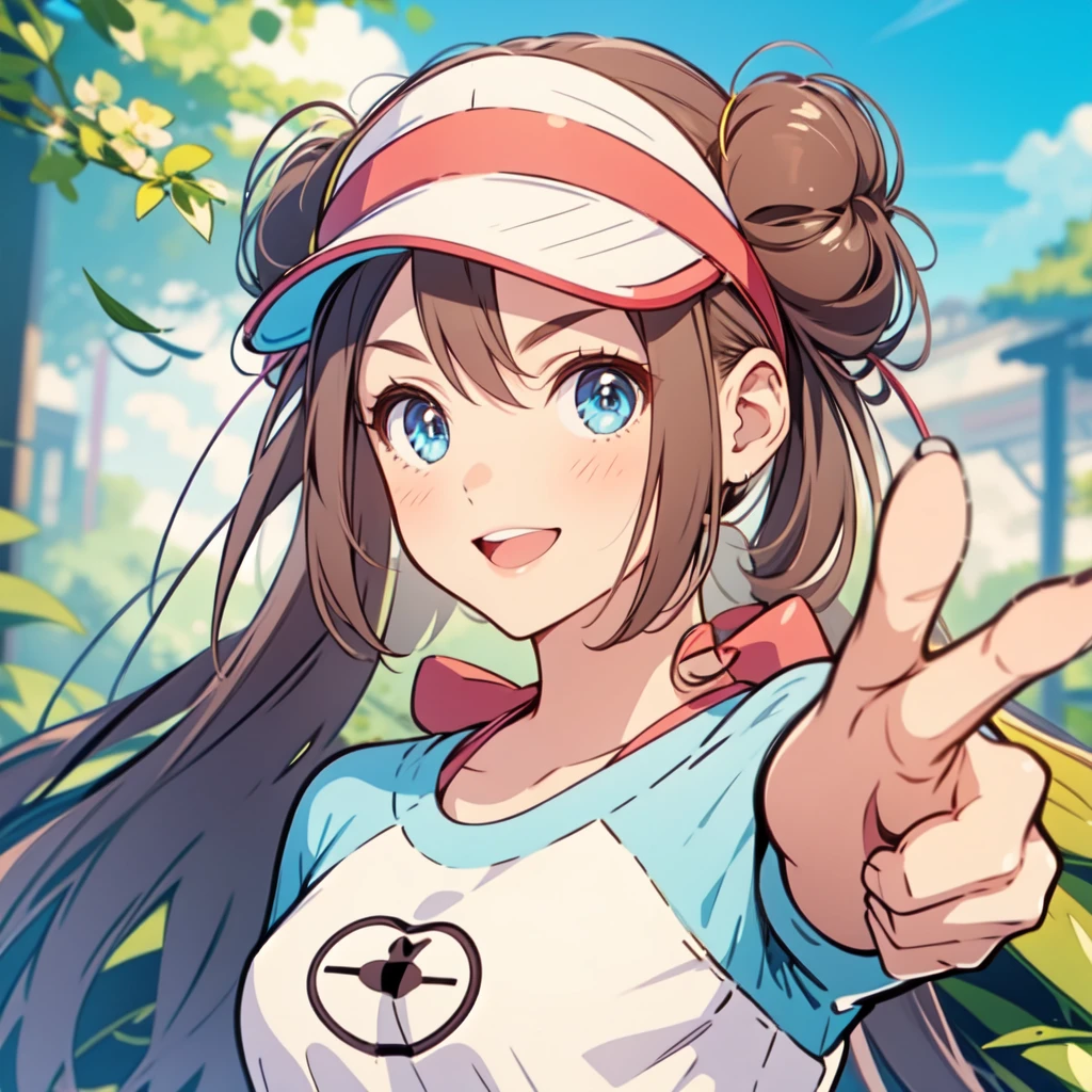 perfect eyes:1.2, detailed eyes:1.4, smile, smirk, portrait, finger_gun,pointing at viewers, face focus, lips, ro1, hair bun, blue eyes, twintails, visor cap, pantyhose, raglan sleeves, yellow shorts, shirt, pink bow, 1girl, solo, (masterpiece:1.6, best quality), 8k, insane details, intricate details, hyperdetailed, hyper quality, high detail, ultra detailed, professional, HDR, ray tracing reflection, cinematic lighting,