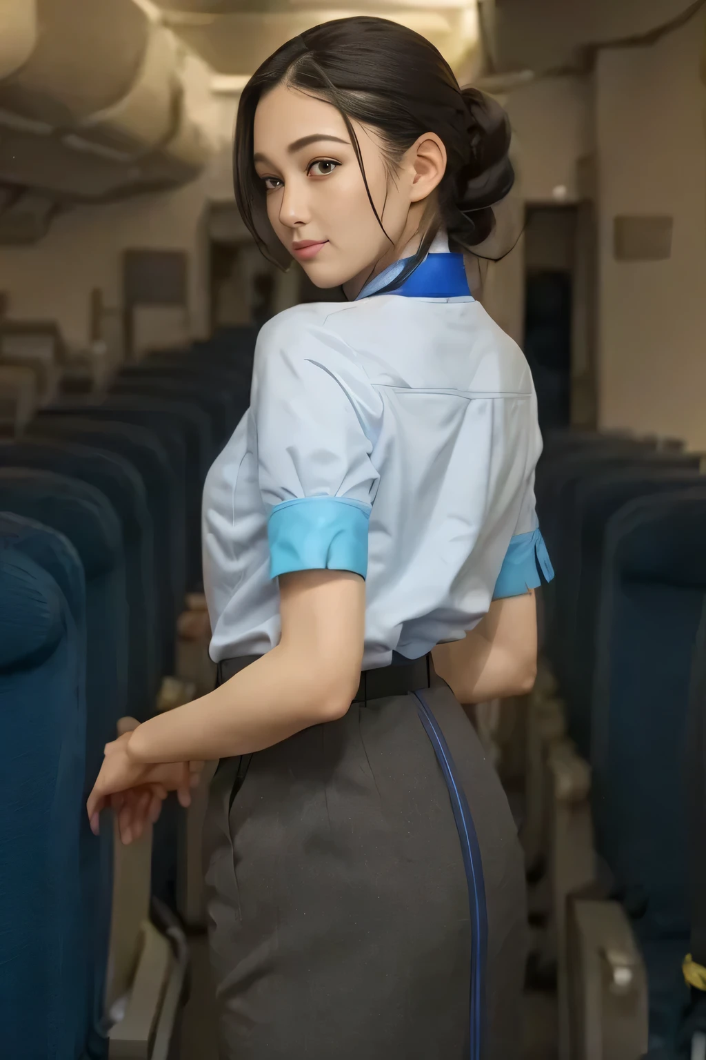 (masterpiece:1.2, top quality:1.2), 32kHDR, high definition 。 perfect for loosely aligning legs , (alone、 1 girl)、( Rooftop of a building during the day 、 Professional Writing )、 In the background of a building roof 、(Real style wearing ANA cabincrew uniform blue )、((ANA cabincrew uniform blue short sleeve blouse 、 ANA cabincrew uniform blue skirt with blue lines on the back、 wrap a scarf around your neck ))、 lots of dark brown hair 、( long hair、Hair tied up、Hair tied up, braid summary hair )、 lots of dark brown hair 、Long Hit、Big Breasts、Thin legs、(( Amazing hands :2.0)),(( 。 physique in harmony with the roof of a building 。 :1.5)),((Normal limb:2.0)),((Normal :2.0)),(( delicate eyes:2.0)),((Normal goal :2.0)))、 is a smiling face 、( beautiful back showing ANA cabincrew uniform blue )、 with hands folded under the body