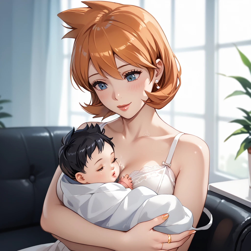 highly detailed, (duo focus), highres, 1woman, 1baby, BREAK, 1woman, Misty_G2, orange hair, gold wedding ring, ring on finger, blouse, holding baby, BREAK, 1baby, black hair, baby black hair, mother with baby, baby carry, swaddled,