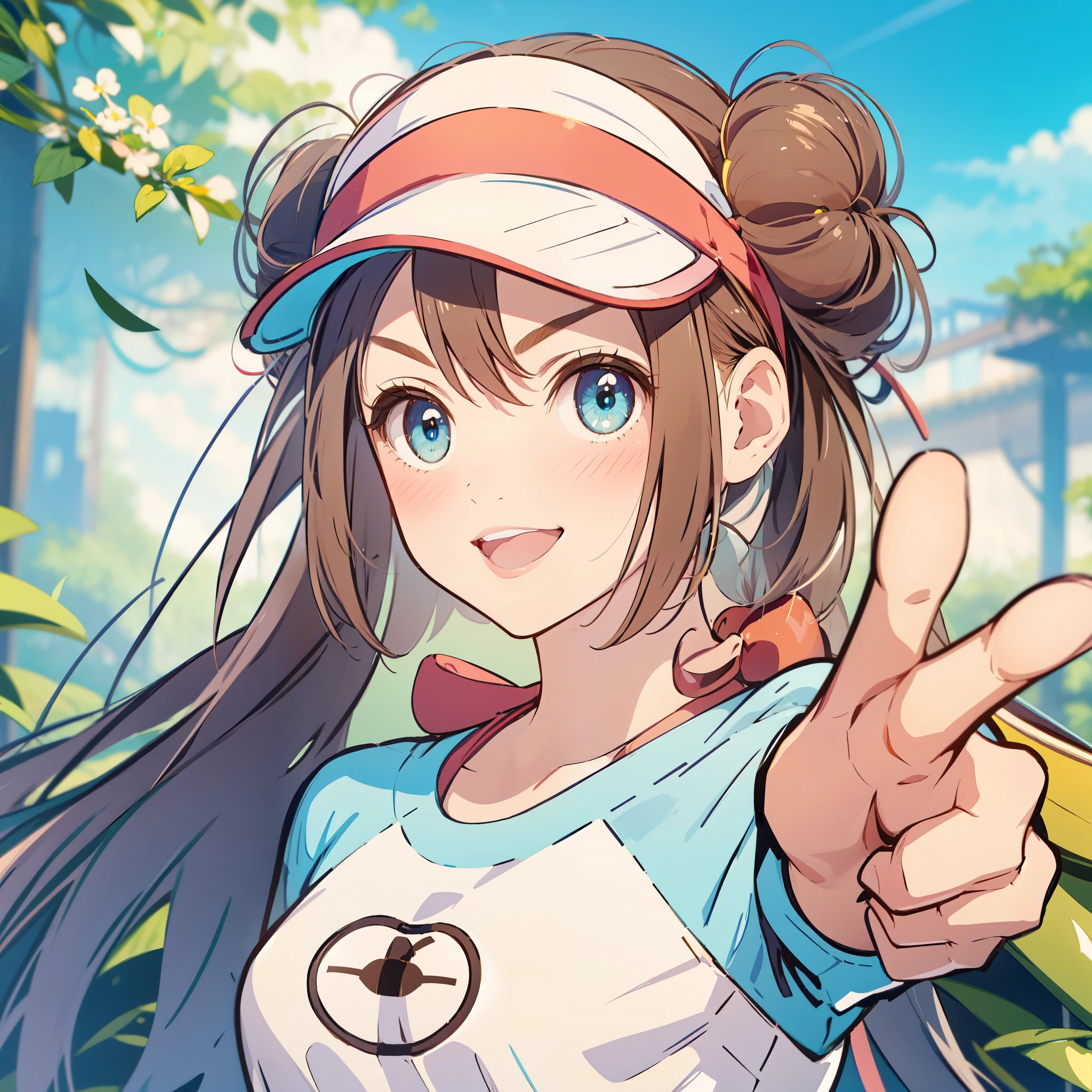 perfect eyes:1.2, detailed eyes:1.4, smile, smirk, portrait, finger_gun,pointing at viewers, face focus, lips, ro1, hair bun, blue eyes, twintails, visor cap, pantyhose, raglan sleeves, yellow shorts, shirt, pink bow, 1girl, solo, (masterpiece:1.6, best quality), 8k, insane details, intricate details, hyperdetailed, hyper quality, high detail, ultra detailed, professional, HDR, ray tracing reflection, cinematic lighting,