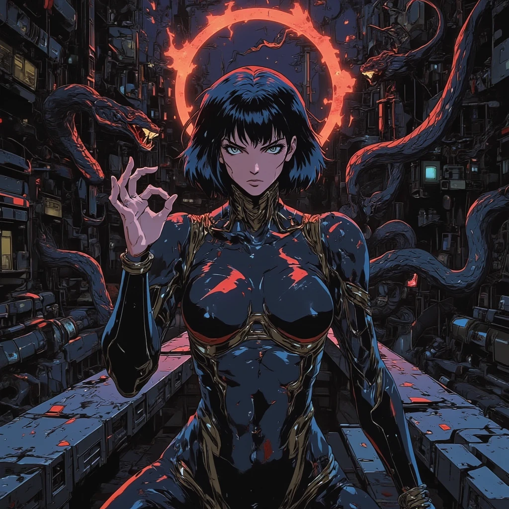 &quot;James Jean Simple&quot; Psychedelic Art，Chasing in space , devilish ;James Jean Simple&quot; Psychedelic Art，Mask ，Chasing in space , anime, anime, anime art, anime, anime comics, anime, anime art, anime, anime, anime, anime, anime, best anime 4k konachan wallpaper, Digital Cyberpunk - Anime Art, digital cyberpunk anime art, cyberpunk anime, anime cyberpunk art, cyberpunk anime art, anime cyberpunk, digital cyberpunk anime!!, metal gear solid anime cyberpunk, male police , leather there is a man that is sitting on a table with a laptop, ghost in the shell art style, ghost in the shell style, cyberpunk anime art, ghost in the shell color scheme, ghost in the shell, ghost-in-the-shell, metal gear solid anime cyberpunk, digital cyberpunk anime art, in the anime ghost in the shell, gits anime there is a man that is sitting on a table with a laptop, ghost in the shell art style, ghost in the shell style, cyberpunk anime art, ghost in the shell color scheme, ghost in the shell, ghost-in-the-shell, metal gear solid anime cyberpunk, digital cyberpunk anime art, in the anime ghost in the shell, gits anime gloves, solo, , blood red , black gloves, very short hair, elbow gloves, bangs,, , short hair, , looking at viewer with devilish stare ,blue eyes , The image depicts a futuristic, ethereal figure with a dark ominous atmosphere , a cute woman dark angel in veils , dark surface and adorned with ornate, dark nightmares . A glowing halo crowns over head. The strong hand is raised, forming an "OK" gesture, which is often interpreted as a sign of approval or completeness. The overall aesthetic is surreal and otherworldly, blending fantasy with high-tech motifs. ■ there is a black snake with red teeth and a red tongue, snake , snake , snake fangs, by Andrei Kolkoutine, big snakes heads with open mouth, snake head, serpent, snake art, portrait of a sacred serpent, snake, snake body, screaming. not realistic, maxim sukharev, by Ramón Silva, venom fangs