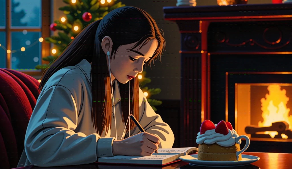 There is an 18 year old girl with earphones . Oval face,  white skin ,  brown hair, brown eyes,  wave jeans long hair, Comfortable and warm clothes ,   She is studying with a blanket by the Christmas tree and a lit fireplace. Writing with a pen in one hand . It's a dark night and it's snowing outside the window .  Bright lighting with a warm atmosphere .  In front of the girl, a warm drink is in a mug, and the ,  plate has a slice of fresh cream cake topped with strawberries. The girl is looking at the books . Looking at her from above .