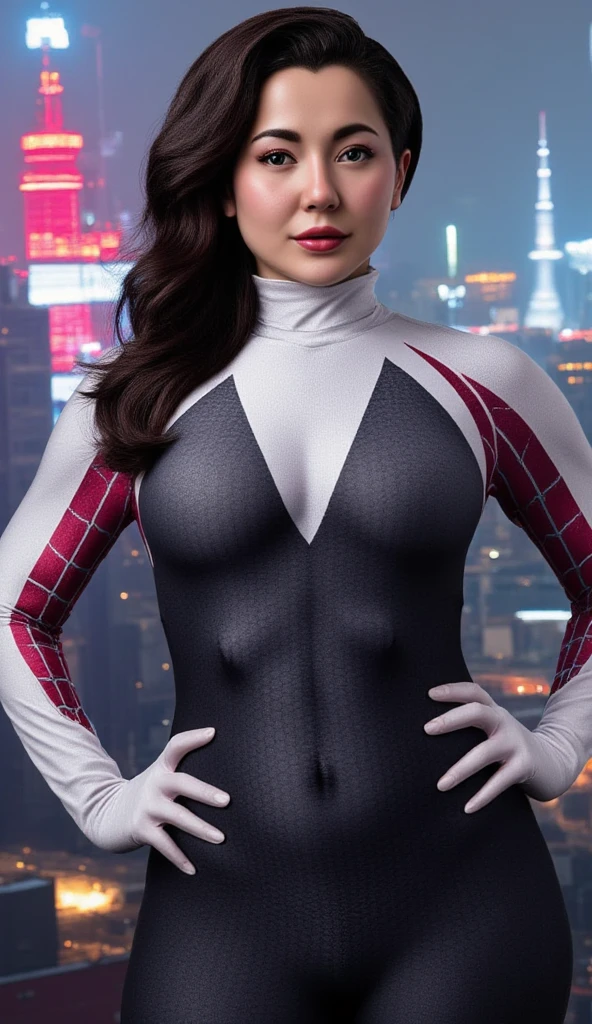 portrait of Hania Amir, dark black hair, as a spider gwen, busy city street,4K quality, focused portrait, tight costume, sexy curves, cyberpunk, hard nipple pokies