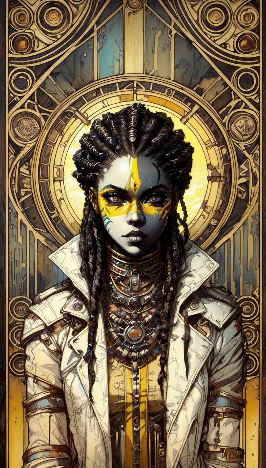 a painting of a woman with dreadlocks and yellow face paint, afrofuturism, afrofuturism style, portrait of ororo munroe, african steampunk alchemist, african cyberpunk wizards, high quality steampunk art, digital steampunk art, solarpunk human, rossdraws | afrofuturism, afrofuturistic, ornamental gothic - cyberpunk, steampunk cyberpunk, loba andrade from apex legends