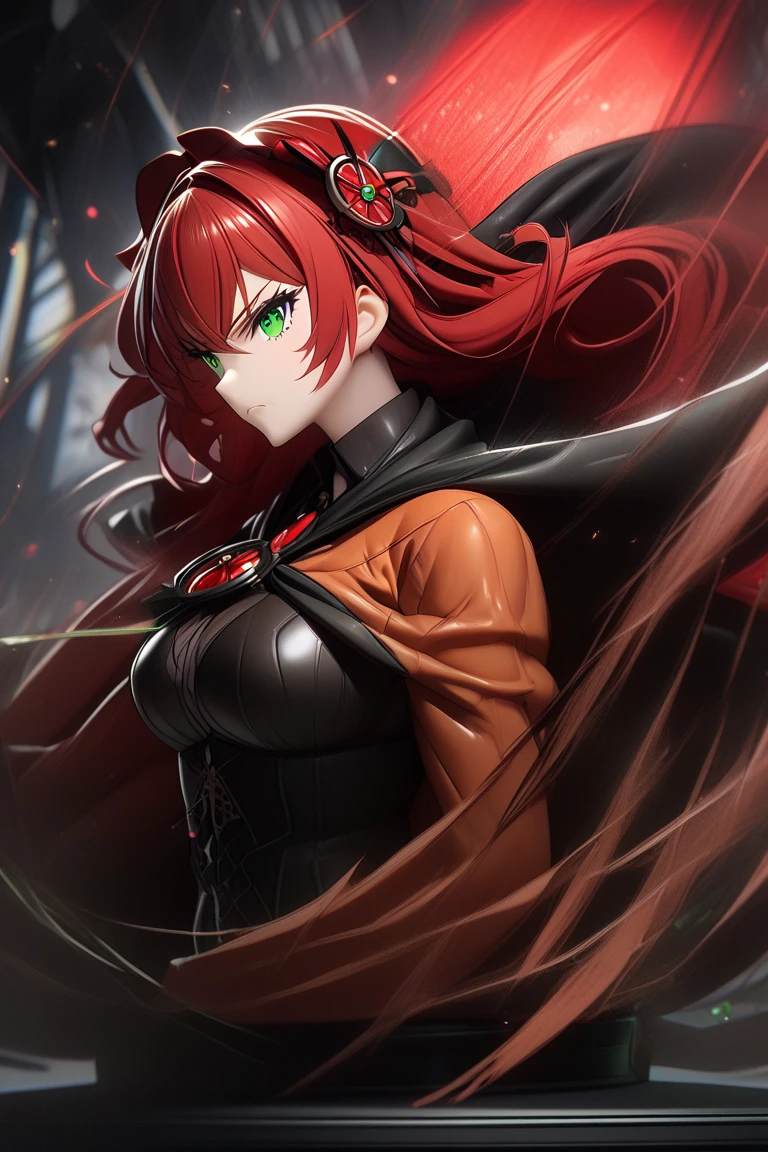 1girl, hair scarlet, green eyes, witch costume, full body, medium breast, figure, serious face, side view, (red scarlet hair)