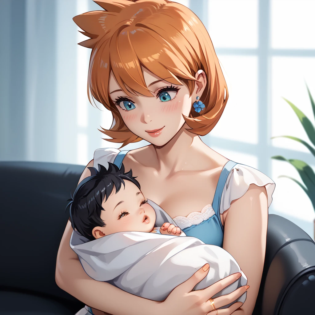 highly detailed, (duo focus), highres, 1woman, 1baby, BREAK, 1woman, Misty_G2, orange hair, gold wedding ring, ring on finger, blue teardrop earrings, blouse, holding baby, BREAK, 1baby, black hair, baby black hair, mother with , babyry, swaddled,