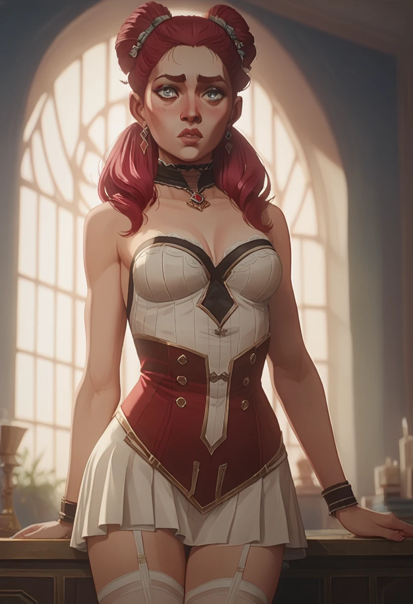 jennifer lawrence, 1girl, red haired chubby pale girl, green eyes, freckles, half asymetric red hair, cute, small height, stain lipstick, long eyelashes, primer, cream eyeline, ((small breasts)), cute, beautiful, realistic style, highly detailed, 4k, embarrassed expression, (((full-body))), ((golden ratio, center frame)), (((RISA))), face in center of picture ((Chubby)), ((body of sydney sweeney)), wide hips, inflated legs, thick thighs, ((detailed face))))), (((wearing sleeveless sweater, denim hot pants))), ((((upper body)))), ((extremely exaggerated shouting in anger face))
