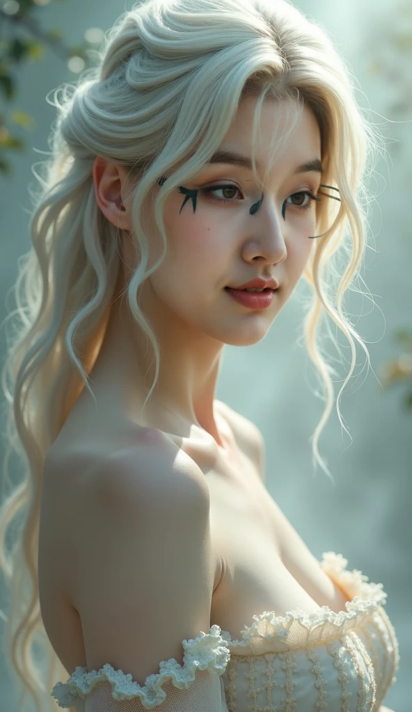 a Blonde with a braided crown and loose waves, light pink stain lipstick, a moonlit lake with a silhouette lurking just beneath the surface, ((best quality)), ((masterpiece)), ((realistic)), (detailed), (photo), movie poster, high quality, 4k, 8k, uhd, (sharp focus), by artgerm