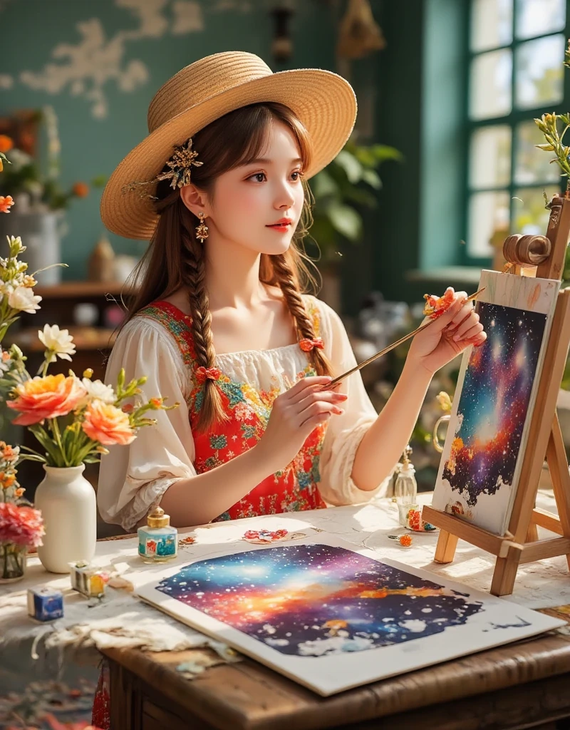 Beautiful woman with iron braids wearing a hat and a perfume sprayer, the bottle is standing on the table with a small amount of engraved magic water in it, the galaxy can be seen, the paint is sprayed from the bottle onto the canvas, which is standing on the easel, a beautiful Refilled perfume bottle, bottle sprays paint onto a white canvas and paints it with starry sky and cosmic galaxies, masterpiece, intricate details, eight thousand, highest quality, best quality, intricate texture,,Cardboard art engraving