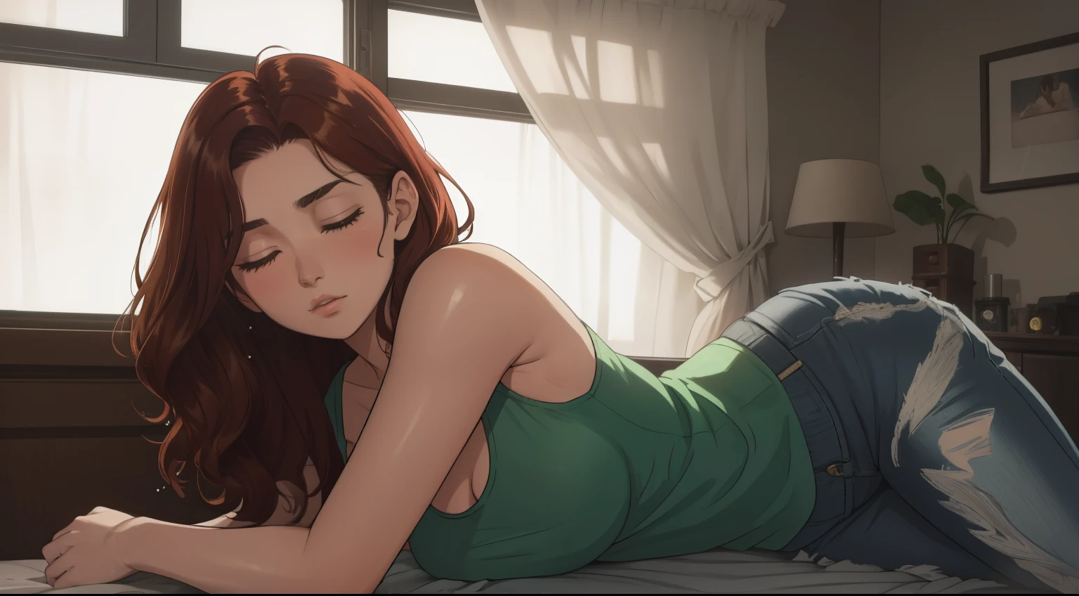 "A cozy and cinematic bedroom with a dark, rainy atmosphere featuring A woman big bobs with short wavy auburn red hair, wearing a lush brown tank top and fit jeans, The woman is laying on bed capture the best position of chill. The room is illuminated by moody neon lights in shades of deep purple and soft green, casting a mysterious and calming glow on the walls. A vintage classic TV is playing static or an old movie, adding a nostalgic touch. Through the large glass window, heavy rain is visible, with water droplets streaming down the glass, creating a serene ambiance. The room features minimalistic furniture, with a comfortable bed and a small nightstand. The scene is rich with detail, evoking a sense of solitude and introspection."