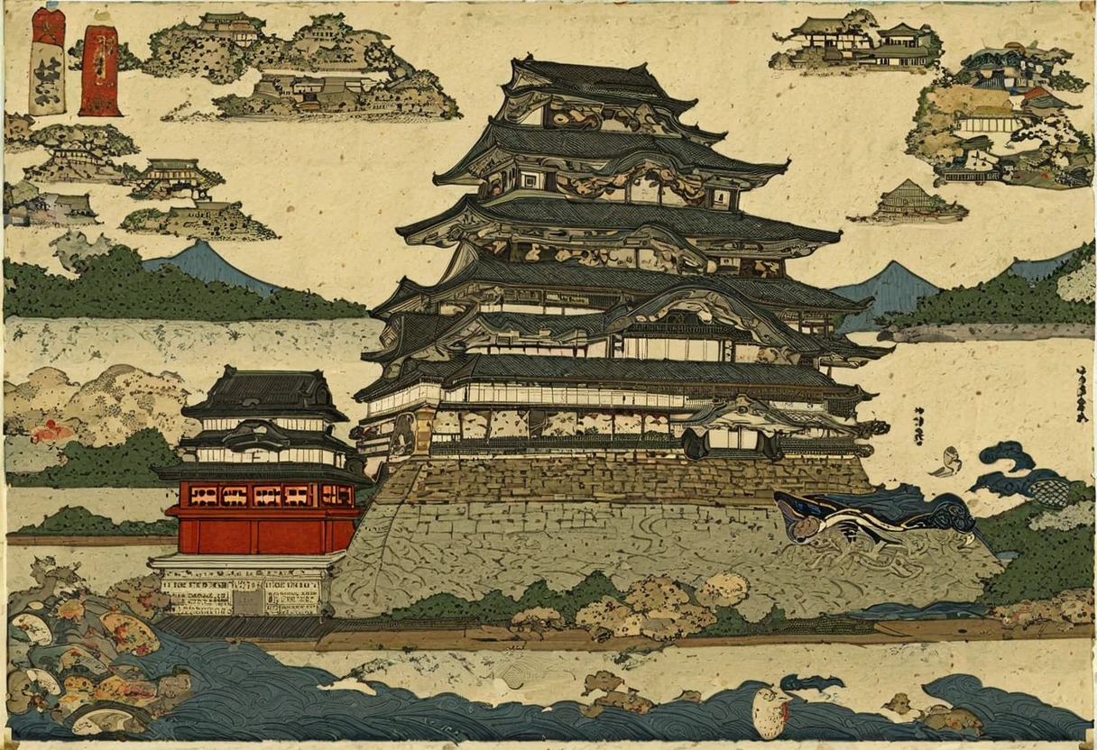 Aerial image of a castle with a clock tower at the top, Exquisite matte painting inspired by Yoshida Toshi , pixib, Ukiyo-e, ancient Japanese architecture, Feudal Japanese setting, Japanese Temples, Edo period, Feudal Japan art, Japanese architecture, Edo period, Japanese cities, Feudal Japan, European Japanese Buildings