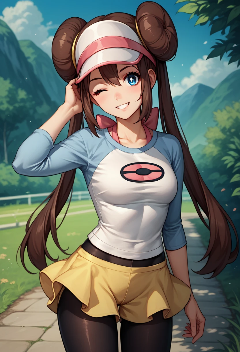 score_9, score_8_up, score_7_up, source_anime, 1girl, solo, outdoors, rosa, smile, one eye closed, hand in head, brown hair, double bun, doughnut hair bun, hair bun, blue eyes, hair between eyes, twintails, pantyhose, pantyhose under shorts, raglan sleeves, skirt, yellow skirt, white shirt, blue sleeves, long sleeves, visor cap, looking at viewer, cowboy shot,