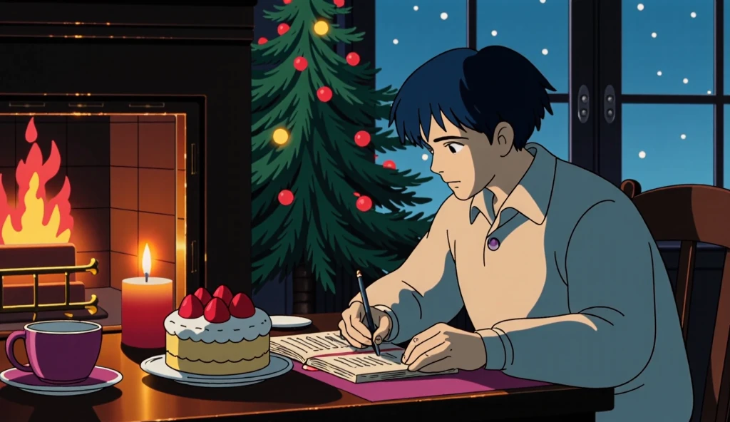 There is an 18 year old boy . Oval face,  white skin ,  Deep blue hair , Deep blue eyes , wavy jean hair, Comfortable, warm and clean clothes,   and he is studying with a blanket next to a Christmas tree and a lit fireplace. Writing with a pen in one hand . It's a dark night and it's snowing outside the window .  Bright lighting with a warm atmosphere .  A warm drink is in front of him in a mug ,  plate has a slice of fresh cream cake topped with strawberries.  He's looking at a book .  Looking at him from above .