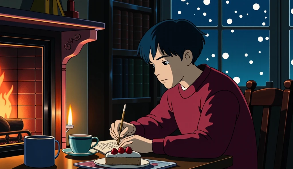 There is an 18 year old boy . Oval face,  white skin ,  Deep blue hair , Deep blue eyes , wavy jean hair, Comfortable, warm and clean clothes,   and he is studying with a blanket next to a Christmas tree and a lit fireplace. Writing with a pen in one hand . It's a dark night and it's snowing outside the window .  Bright lighting with a warm atmosphere .  A warm drink is in front of him in a mug ,  plate has a slice of fresh cream cake topped with strawberries.  He's looking at a book .  Looking at him from above .