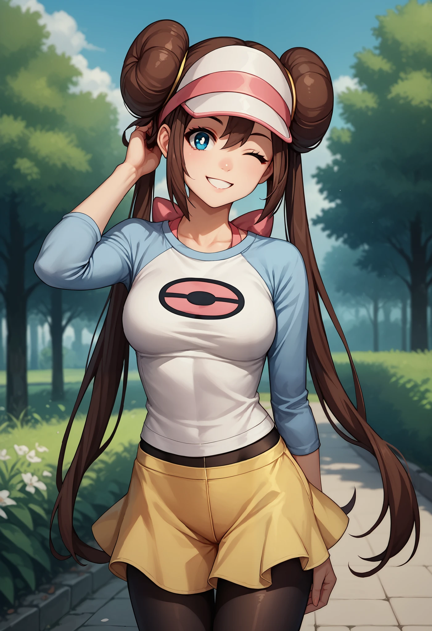 score_9, score_8_up, score_7_up, source_anime, 1girl, solo, outdoors, rosa, smile, one eye closed, hand in head, brown hair, double bun, doughnut hair bun, hair bun, blue eyes, hair between eyes, twintails, pantyhose, pantyhose under shorts, raglan sleeves, skirt, yellow skirt, white shirt, blue sleeves, long sleeves, visor cap, looking at viewer, cowboy shot,