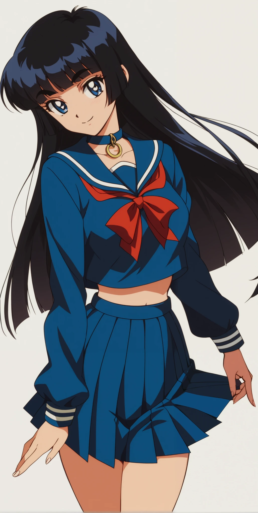 Young woman drawn in 80’s anime art style. 
Retro anime. Vintage Anime. Classical Anime. 
Black HAIR
Hime Cut Hair
(Round and Circle eyes)
(Blue eyes)
(Medium Sized Eyebrows)
(Light Tan Woman)
(Medium Breast)
Seductive Smile

She is wearing a sailor fuku (セーラー服, sērā fuku, sailor outfit) is a common style of uniform worn by women, traditionally by high school female students. 

The uniform generally consists of a blouse attached with a navy blue sailor-style collar and a very long pleated skirt. The length of the long pleated skirt is past her knees.

A ribbon is tied in the front and laced through a loop attached to the blouse. The color is the ribbon is typically red.

School Uniform color is entirely navy blue.
The color of the blouse and shirt are navy blue and the color of the bottom pleated skirt is navy blue. 
(Top and Bottom are navy blue)

(High School) (Solo) (Location