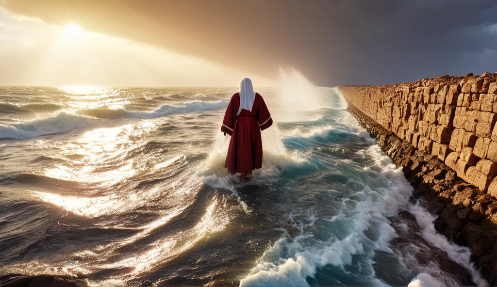 Moses parting the Red Sea: walls of water rising on either side, the Israelites crossing a dry path, lit by divine light