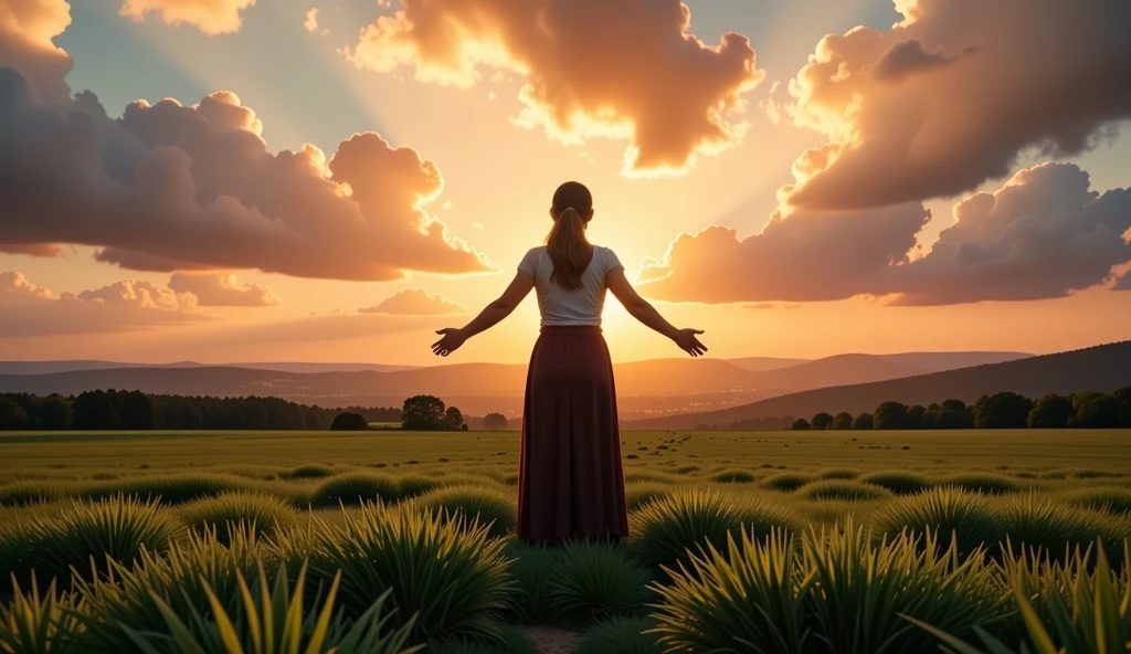 An inspiring and serene scene showing a sunrise horizon. The soft, golden light delicately illuminates the sky, with clouds tinged with orange and pink tones. In the center, a silhouette of a person with open arms, in an attitude of gratitude or prayer, facing the horizon. The setting must include a green field or an illuminated path that leads towards the light, symbolizing hope, faith and overcoming. The image must convey peace, spirituality and inspiration, with a realistic and cinematic style.",8k, ultra realistic