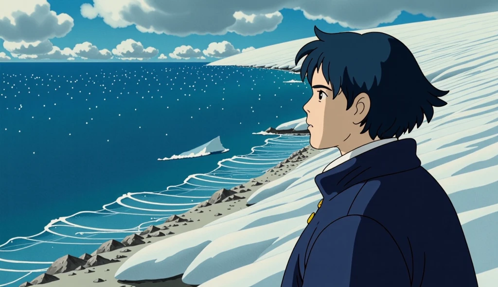 There is an 18 year old boy . Oval face,  white skin , Deep blue hair ,  Deep blue eyes ,  wave jeans hair, Comfortable and warm clothes ,   He is looking at the winter sea .  A snowy beach and a dark blue sea,  Bright sky . The boy is looking at the sea . Looking at her from above .