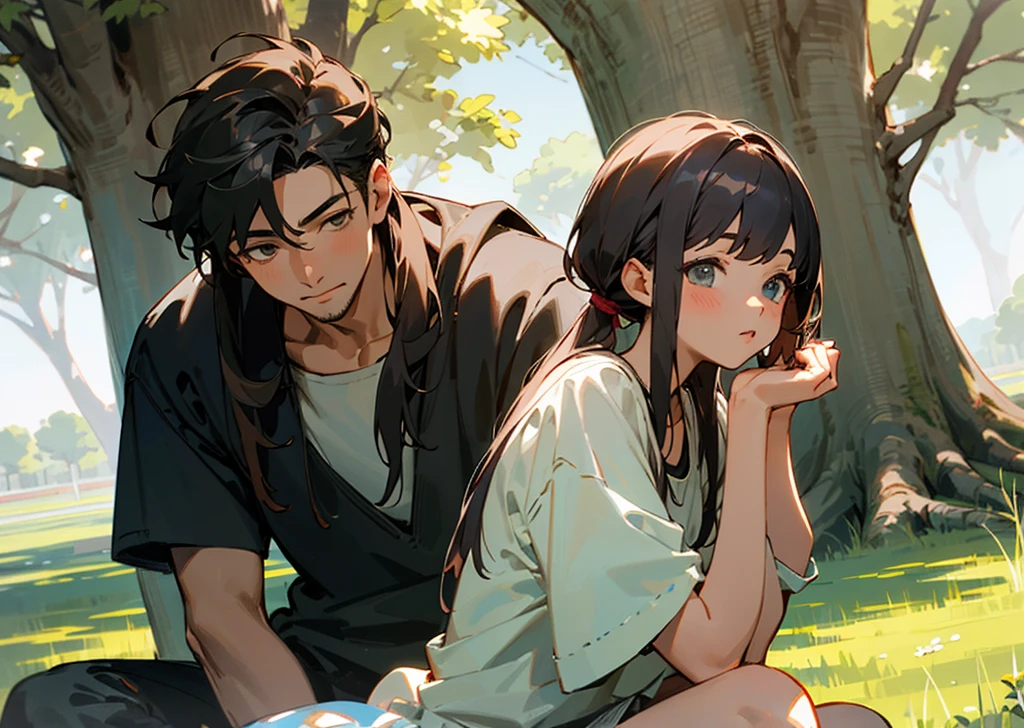 a man and a woman sitting together on a lawn in a forest in casual clothes, eating together with food on an open cloth