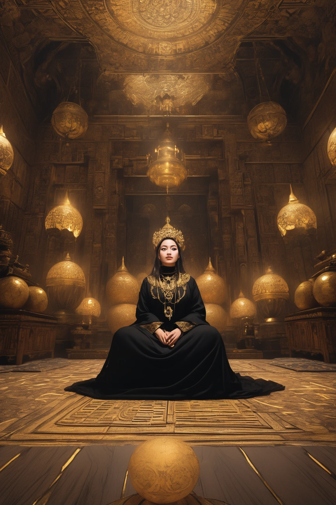 In a room of a large temple a woman is sitting cross-legged on the floor, dressed in a black habit, wearing a large necklace of wooden balls and a gold crown of extravagant design. The walls of the room bear strange engravings and from the ceiling hangs a candle lamp