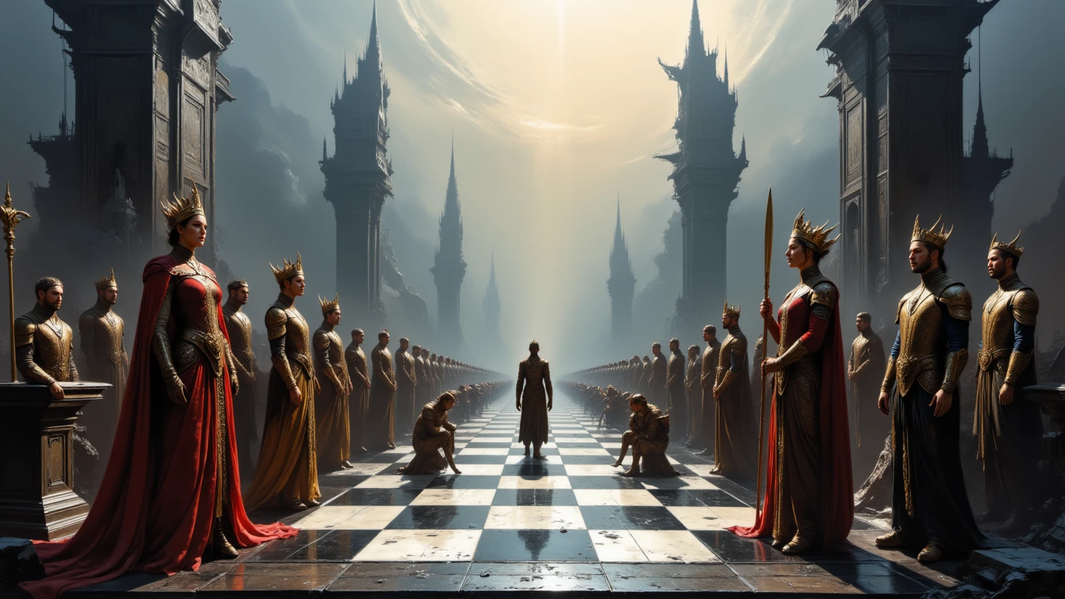 Imagine  a chess board but in place of pieces, real kings, real queens, real bishops, real stone towers for the rooks, etc. They are arranged for the start of a game.