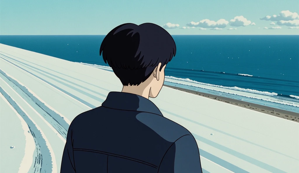 Back view of an 18-year-old boy . Oval face,  white skin , Deep blue hair ,  wave jeans hair, Comfortable and warm clothes ,   He is looking at the winter sea from the beach.  Snowy beach and dark sea ,  Bright sky . The boy is looking at the sea .  Looking at him from afar .