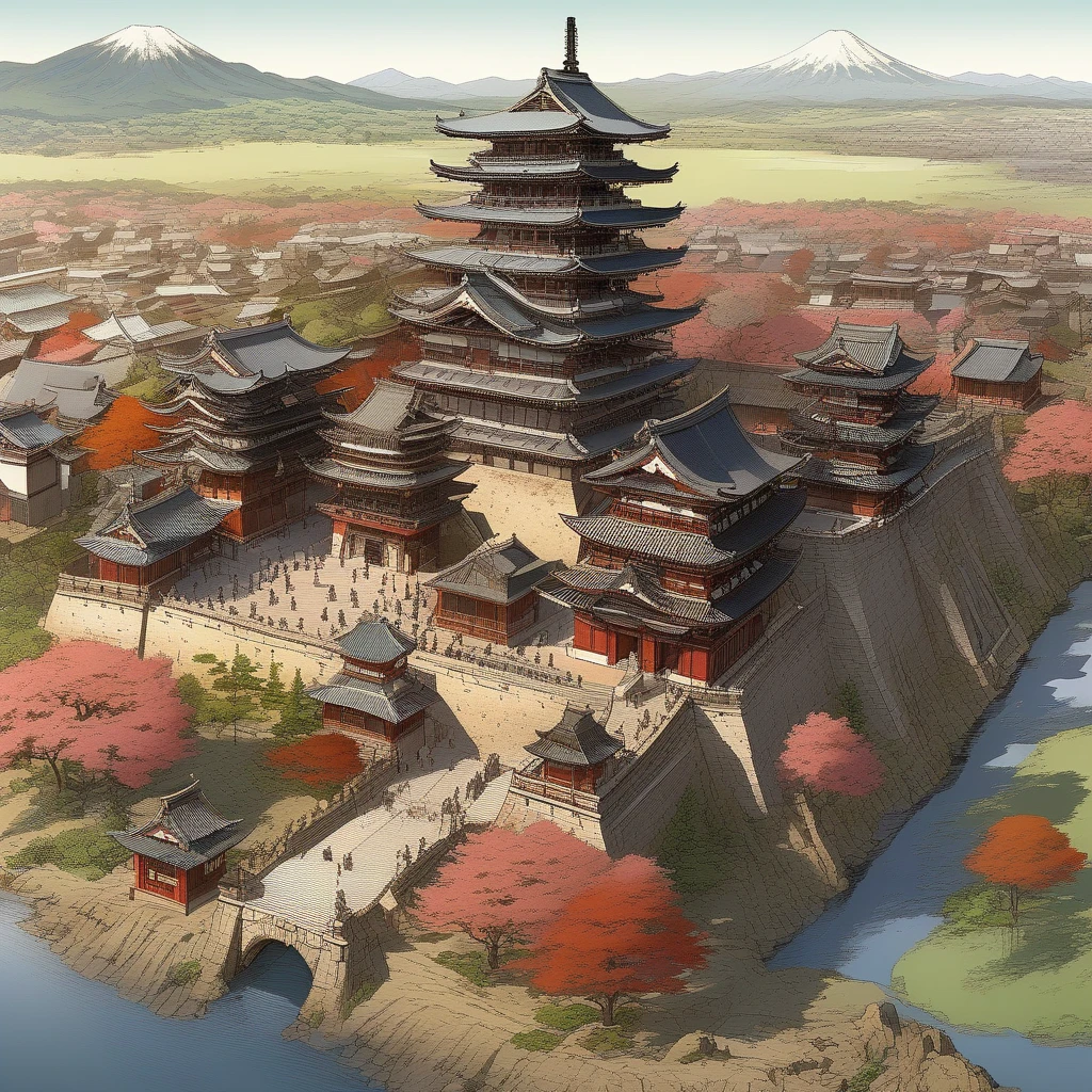 Aerial image of a castle with a clock tower at the top, ancient Japanese architecture, Feudal Japanese setting, Japanese Temples, Edo period, Feudal Japan art, Japanese architecture, Edo period, Japanese cities, Feudal Japan,  European Japanese Buildings ,  traditional Japanese concept art, Feudal Japan, Elaborate buildings , Edo period, Medieval Japan