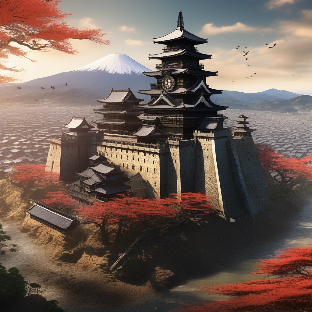 Aerial image of a castle with a clock tower at the top, Exquisite matte painting inspired by Yoshida Toshi ,  pixib, Ukiyo-e, ancient Japanese architecture, Feudal Japanese setting, Japanese Temples, Edo period, Feudal Japan art, Japanese architecture, Edo period, Japanese cities, Feudal Japan,  European Japanese Buildings 