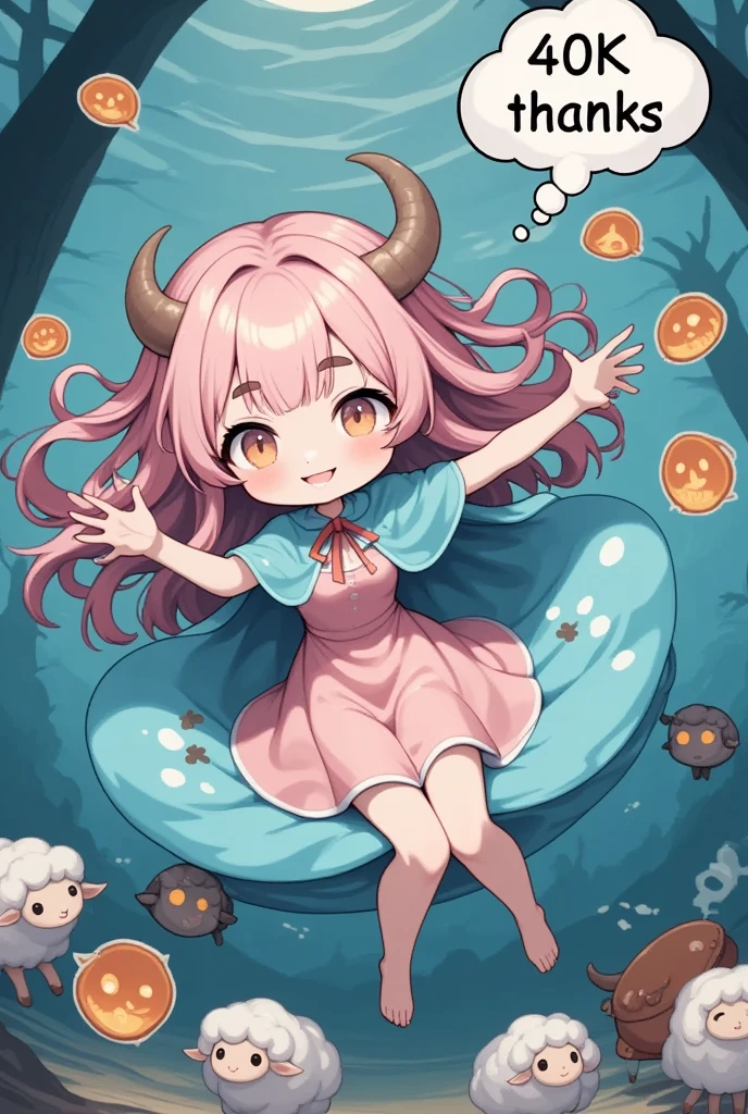 (SFW:1.3,  super high resolution ,  top quality,  high resolution icons floating in the deep sea),  1 girl,  long pink fluffy hair, Sheep&#39;s round horns,  thick eyebrows, smile,  Pink Dress,  cute sky blue poncho that floats fluffily, It's floating fluffily,  small, girl speech bubble reads "40k thanks":1.5