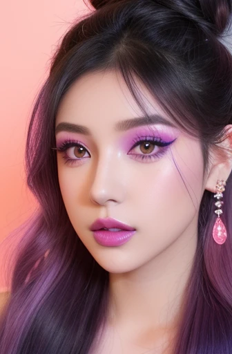 ultra realistic girl, smiling face, orange and pink ombre background, closeup, lip-gloss, long lashes, lipstick, defined eyebrows, ultra detailed metallic eye-makeup, halloween, goth, gyaru, purple flowing hair, garter belt, cute lack lace underwear, sweet and sexy, seductive pose