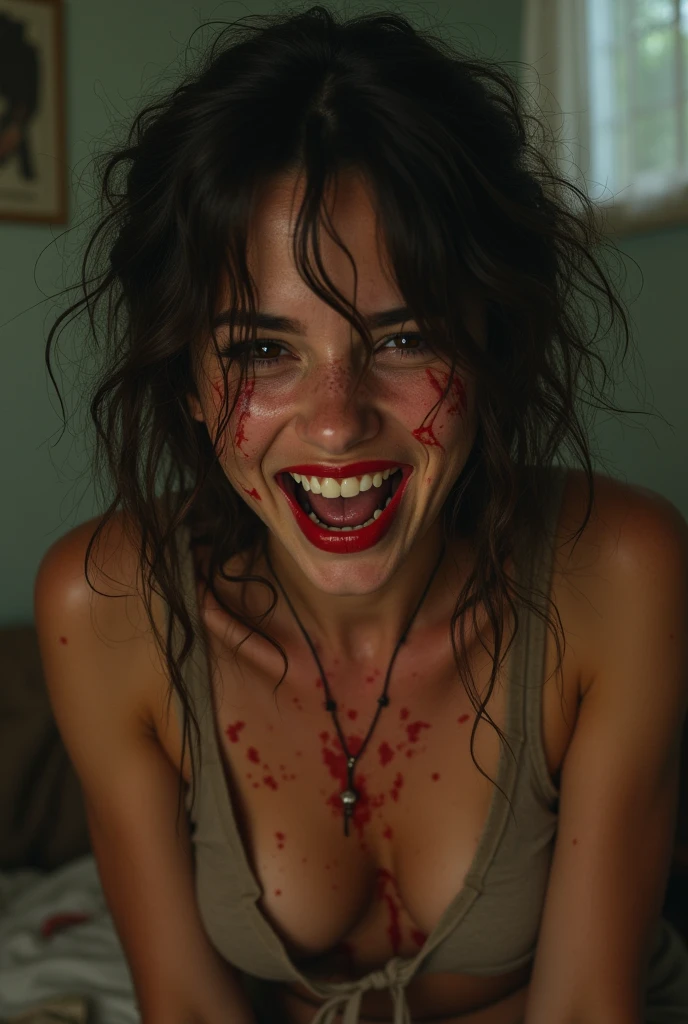 grunge gritty raw boastful self centre self righteous brash rude laughing impudent impertinent cocky self-assertive assertive cocksure full of oneself self-confident macabre malice female bloody extremely covered in blood soaked in blood bath
