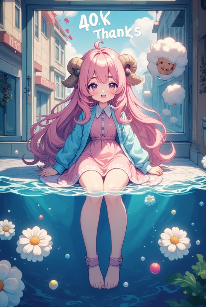 (SFW:1.3,  super high resolution ,  top quality,  high resolution icons floating in the deep sea),  1 girl,  long pink fluffy hair , Sheep&#39;s round horns,  thick eyebrows, smile,  Pink Dress,  sky blue cardigan written on the window, 窓に書いている "40k thanks":1.5