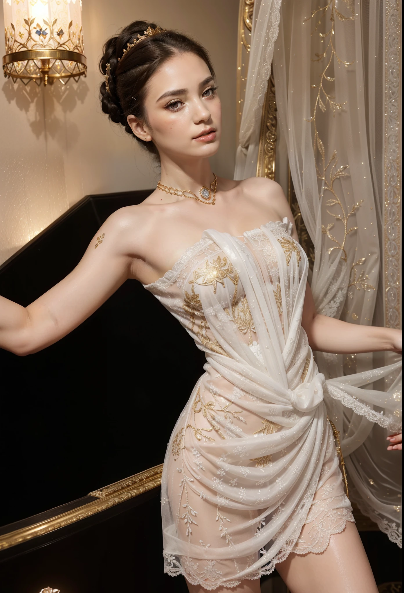 (cinematic angle: 1.2), luxury house,(1 girl, sheer tulle dress),(best quality, detailed details, masterpiece, official art, movie lighting effects, 4K)