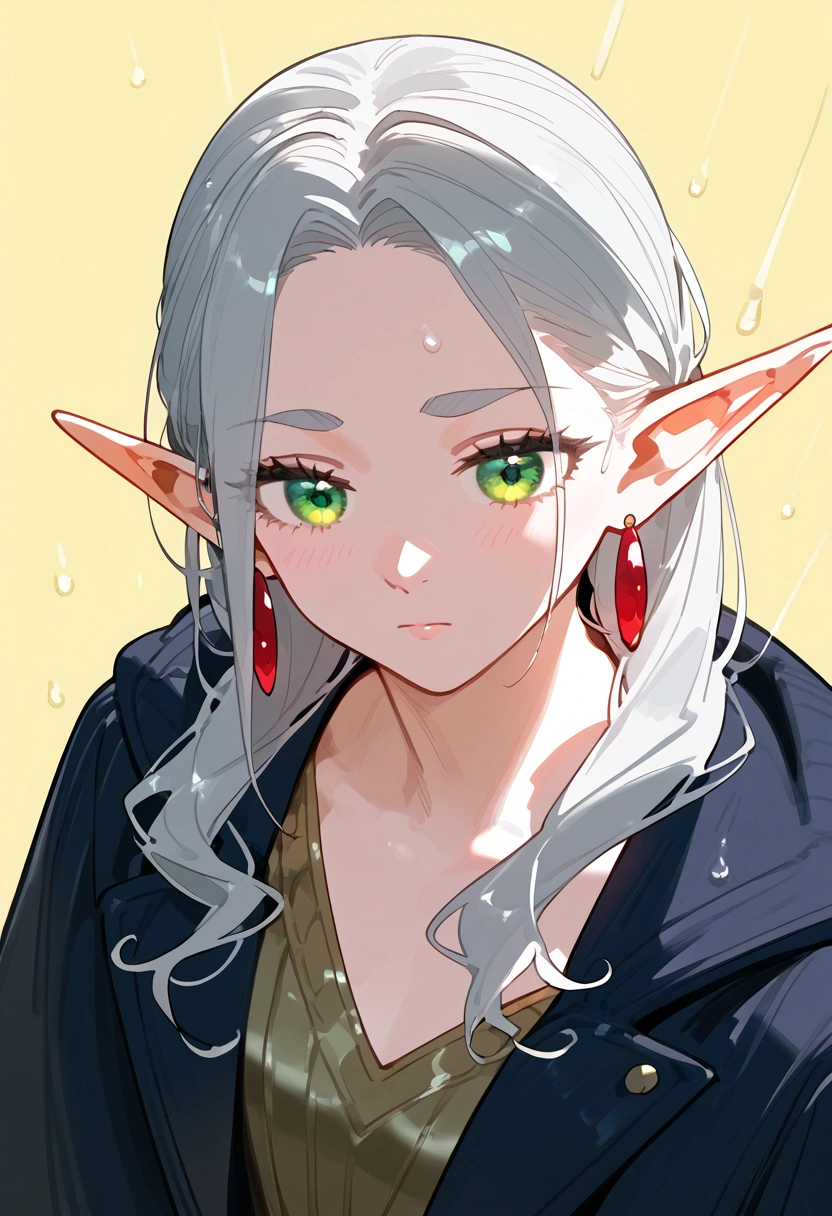 ilustración anime,  score_9,  score_8_above,  score_7_above,  score_6_above,  score_5_above,  score_4_above,freeze, 1 girl,  green eyes,  gray hair, collect,  pointy ears, eyebrows, earrings \\\\\\ \\\\\ , simple yellow background,  close up of my face ,1 rain,embarrassing look ,bright green eye,he would be,chin down ,mirada above,eyebrows fruncidas,parts, dim lighting 
