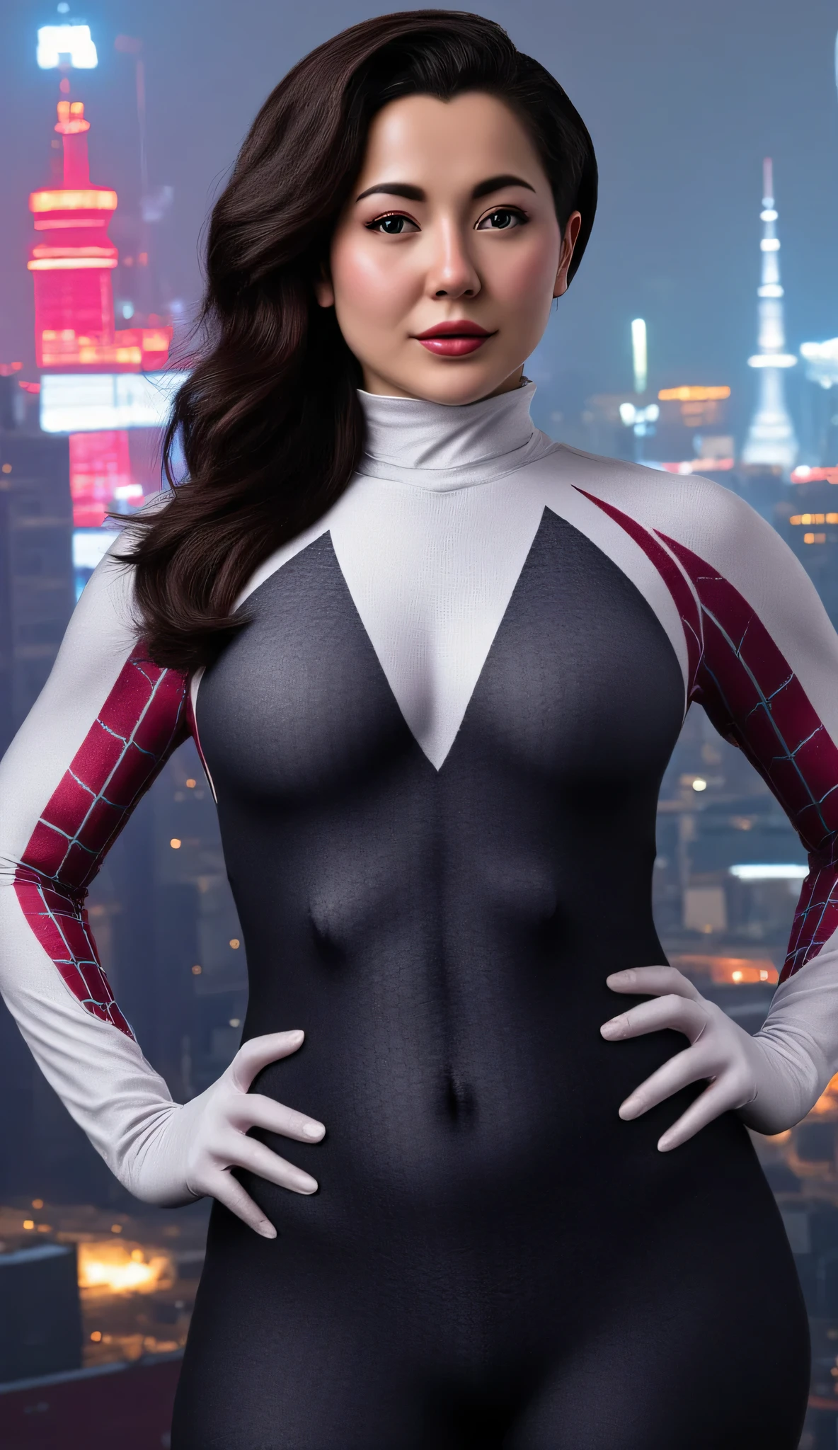 portrait of Hania Amir, dark black hair, as a spider gwen, busy city street,4K quality, focused portrait, tight costume, sexy curves, cyberpunk, hard nipple pokies