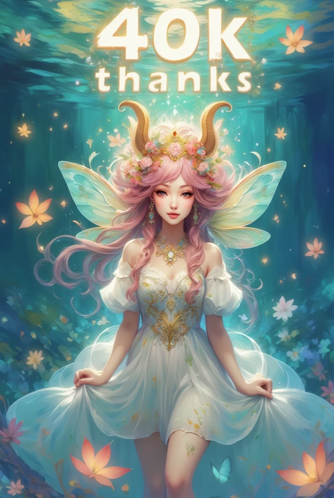 (SFW:1.3,  super high resolution ,  top quality,  high resolution icons floating in the deep sea),  1 girl,  long pink fluffy hair, Sheep&#39;s round horns,  thick eyebrows, smile,  Pink Dress ,  Sky Blue Fairy Wings, Glowing Letters  "40k thanks":1.5