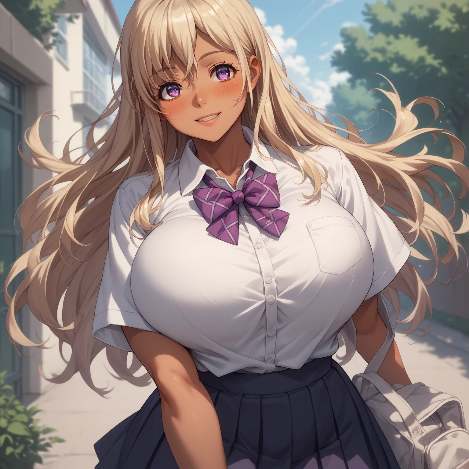 smile,parted lips,blush,
solo,
ChieriShiina,1girl,blonde hair,long hair,purple eyes,dark skin,
Massive large breasts,, 
school_uniform,collared_shirt,bowtie,short_sleeves,
outdoors, breasts bouncing 