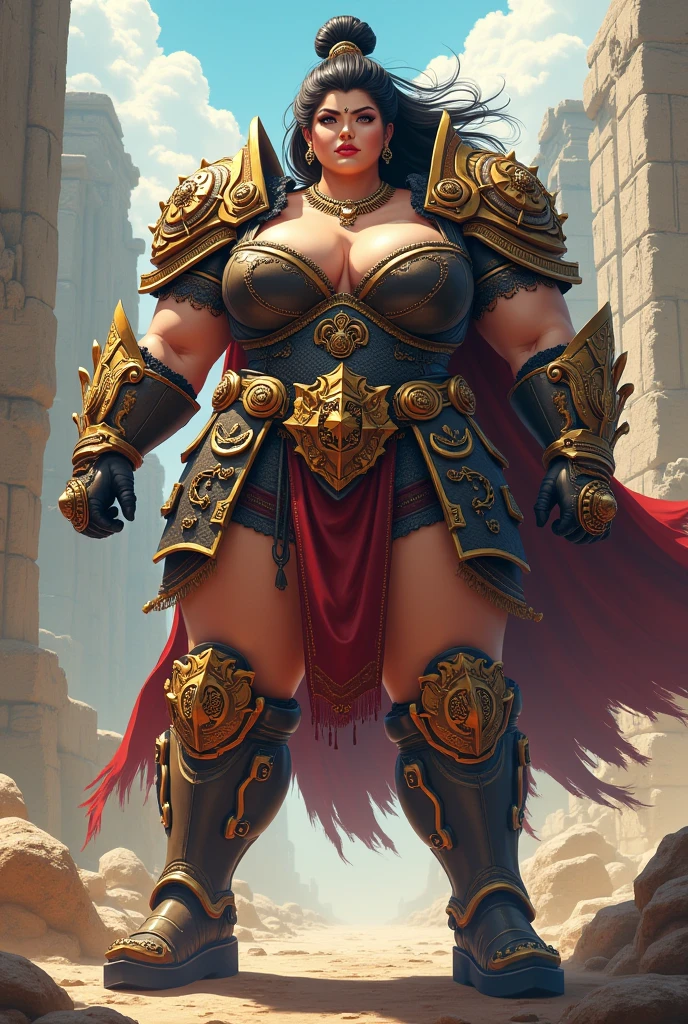 NFTW, a half-minotaur woman, has the face of a normal woman with dark brown hair but with the peculiarity of being 3 meters tall with bull horns and brown skin, she wears only a gladiator bra and a gladiator sash. She has a curvy and voluptuous figure. Correct direction and eye color. Increase in the size of large breasts and large buttocks. by darkgem, by BNG, by justmegabenewell