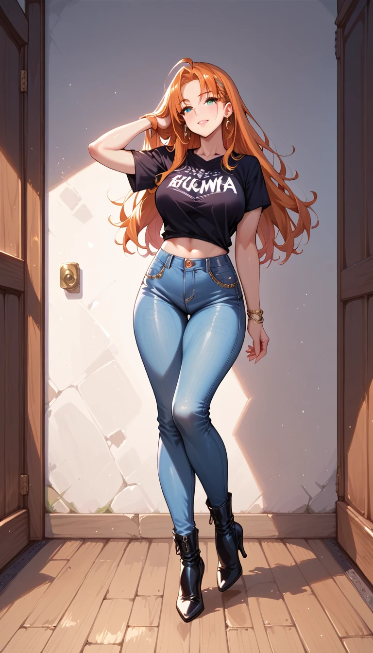 ballet heels, high heels, ankle boots,1girl,solo,curvy,long hair,orange hair, konya_karasue,jeans,t-shirt,
