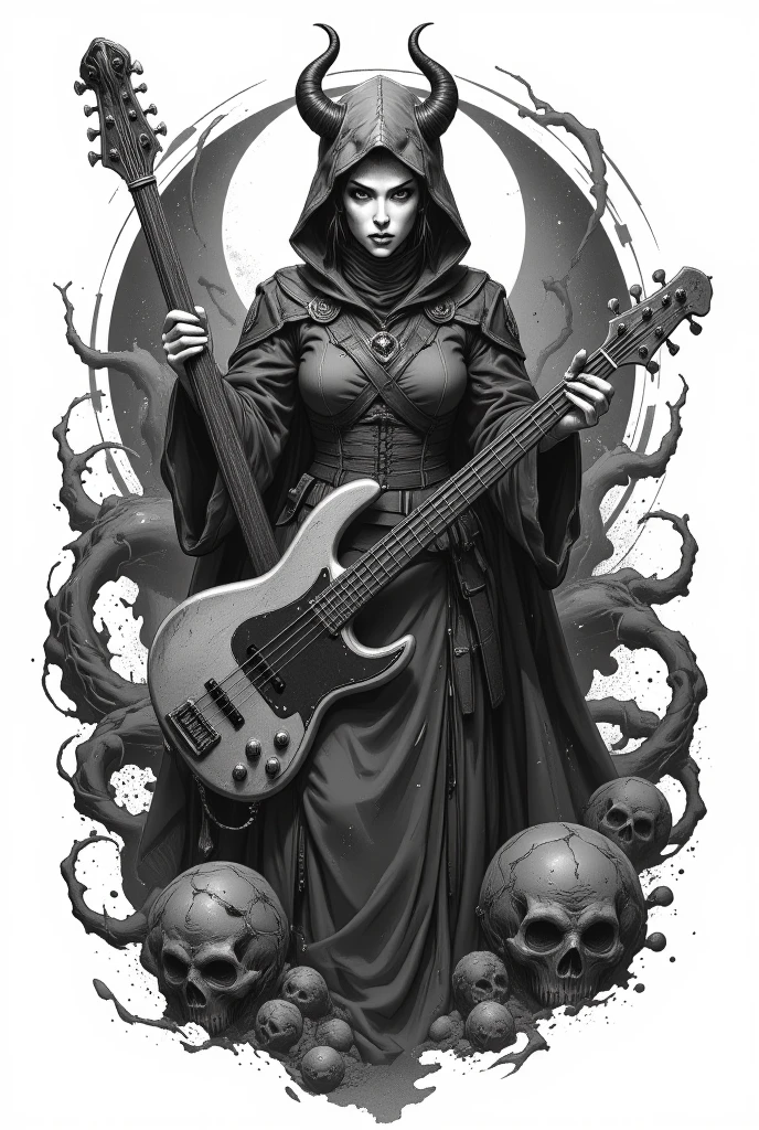 Think like a tattoo artist and create a witch with a four-string bass in black and white for a tattoo