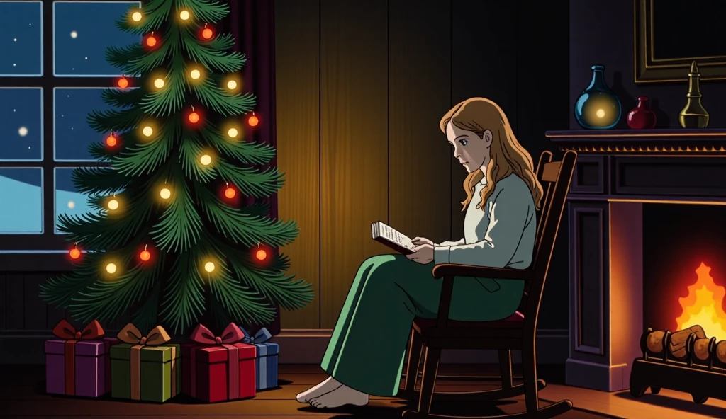  cottage cottage interior .  Christmas tree and gifts .  Lighted fireplace . There is an 18 year old girl .  blonde wavy long hair .  light blue eyes .  Wearing warm and comfortable clothes .  She is sitting in a rocking chair and reading with a book on her lap.  Dark night with snow falling outside the window .