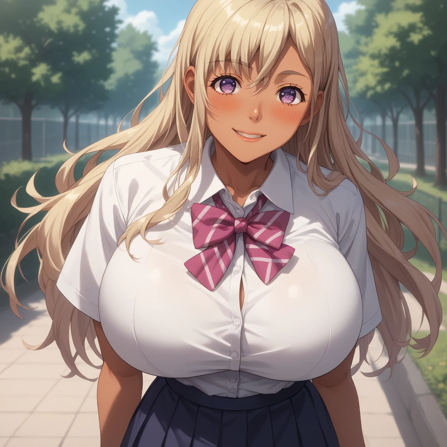 smile,parted lips,blush,
solo,
ChieriShiina,1girl,blonde hair,long hair,purple eyes,dark skin,
large breasts,
school_uniform,collared_shirt,bowtie,short_sleeves,
outdoors, , massive breasts bouncing 