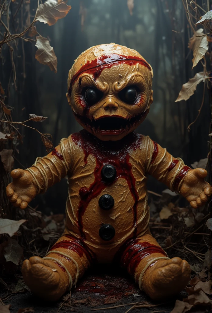 Realistic depiction of a terrifying gingerbread man in a 'Darkness' style. The gingerbread man is highly detailed, with jagged edges and a menacing expression, its once-friendly appearance distorted into something ominous. His eyes are dark, and his icing features, once sweet, now resemble cracks or veins. The figure is covered in splashes of shiny red mirror-glaze frosting, resembling blood, as if it's been splattered in a chaotic, eerie way. The background is a blurred, abstract mix of dark, random elements, further enhancing the feeling of dread and danger in this twisted version of a classic holiday treat